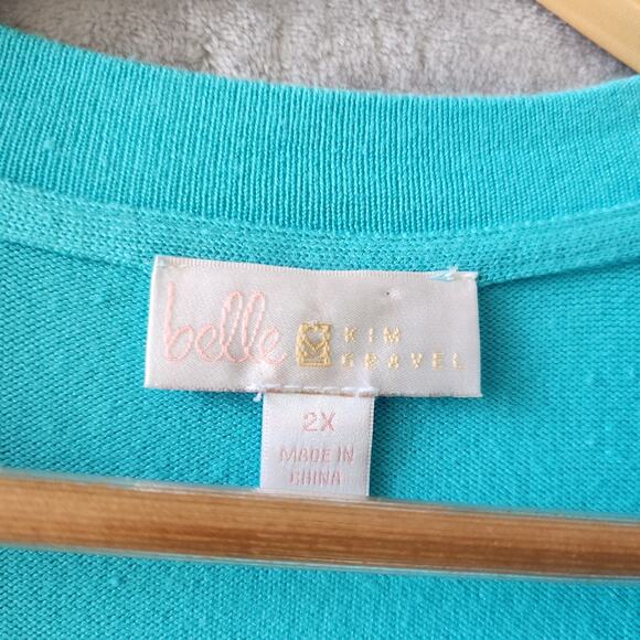 Belle Kim Gravel Cardigan Sweater Womens 2X Teal Blue Pockets Long Length Duster - Picture 2 of 6